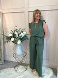 Load image into Gallery viewer, Pinstriped Frill Cap Top & Pant Set - Khaki/Cream - Wardrobe By Simone