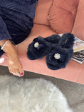 Load image into Gallery viewer, Bow & Pearl Cosy Slipper/Mule - Rich Navy