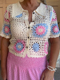 Load image into Gallery viewer, Crochet Collared Cardigan - Cream/Pink/Blue - Wardrobe By Simone
