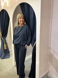 Load image into Gallery viewer, Pinstriped Batwing Top & Pant Set - Navy/White - Wardrobe By Simone