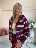 Load image into Gallery viewer, Hoody Striped Zip Cardigan- Burgundy/Cream