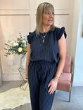 Load image into Gallery viewer, Pinstriped Frill Cap Top & Pant Set - Navy/White - Wardrobe By Simone