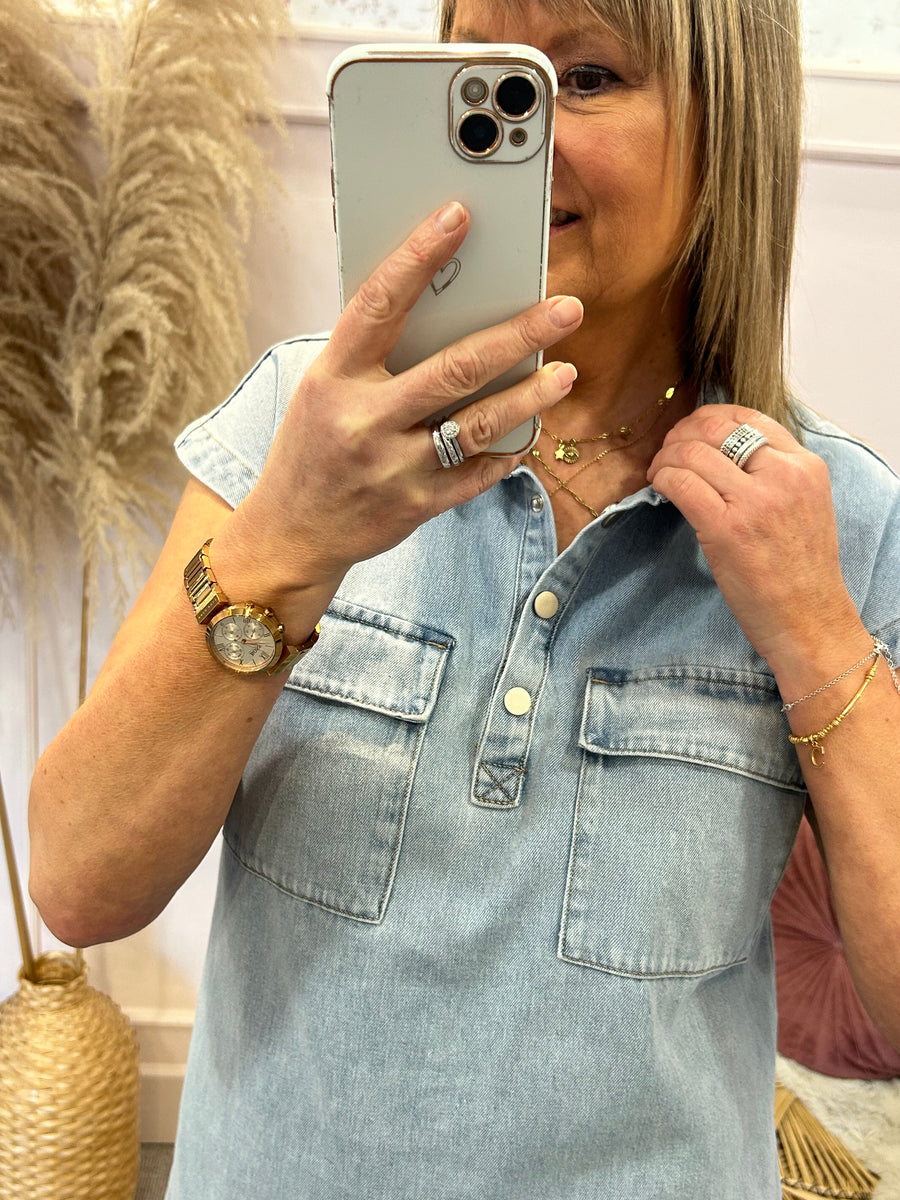 Denim Collared Mini Dress Blue Wardrobe By Simone