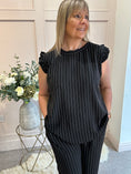 Load image into Gallery viewer, Pinstriped Frill Cap Top & Pant Set - Black/White - Wardrobe By Simone