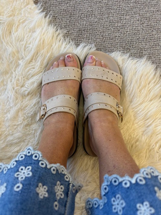 Julia Gold Stud & Buckle Sandal - Cream