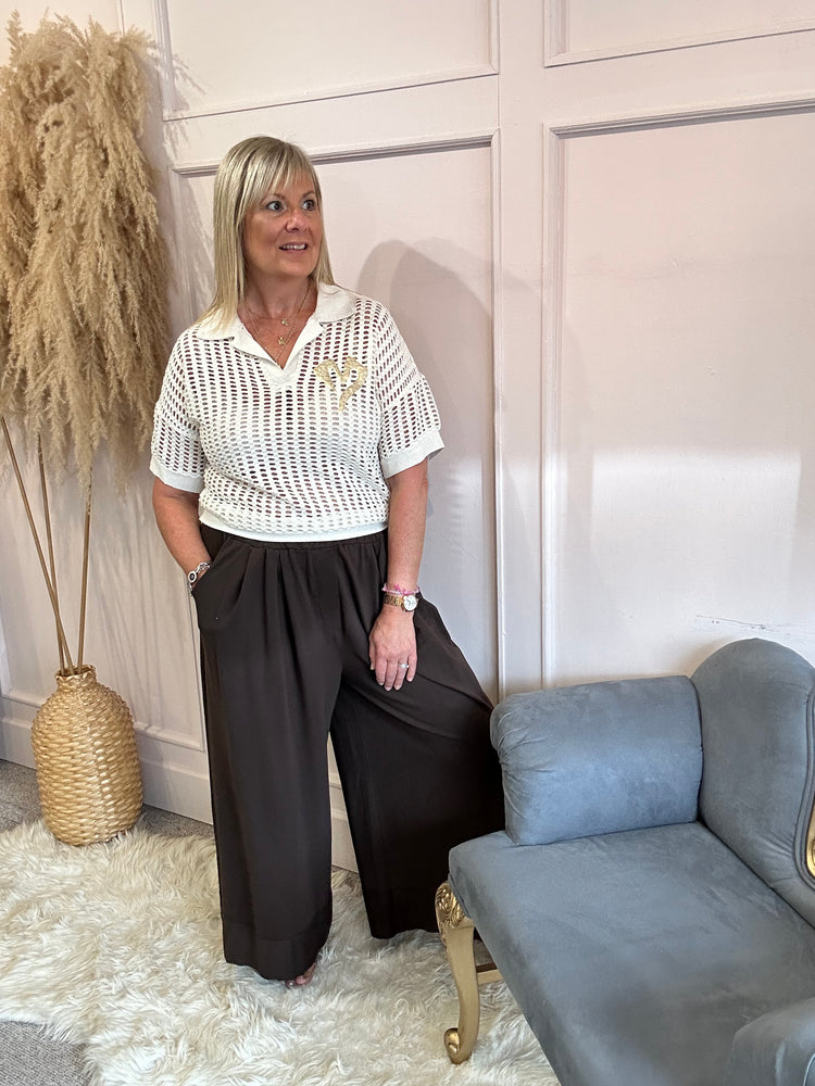 Gold Heart Collared Mesh Top - Cream/Gold - Wardrobe By Simone