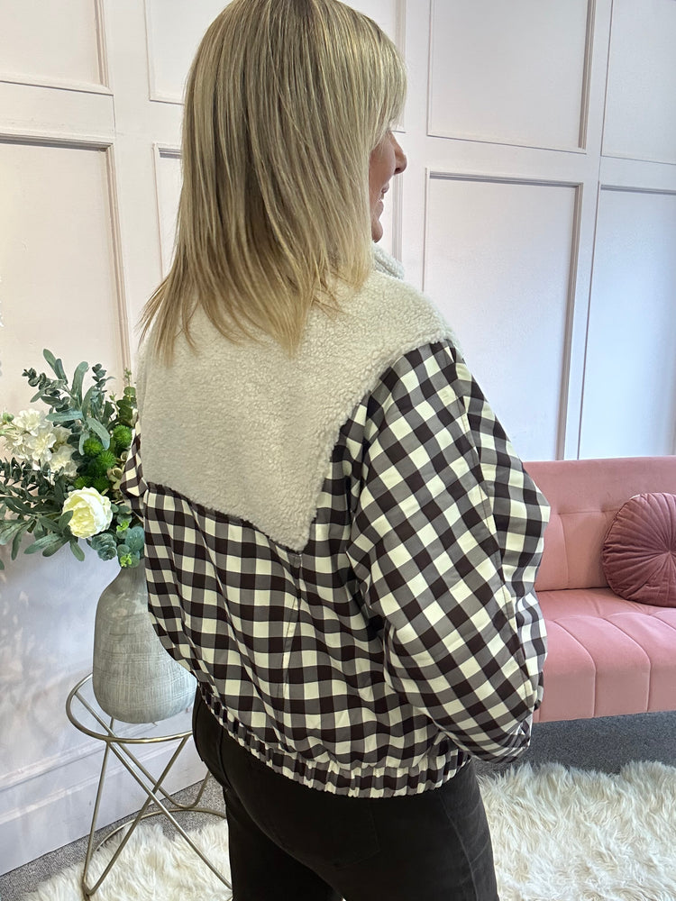 Cream Teddy With Gingham Bomber - Cream/Brown