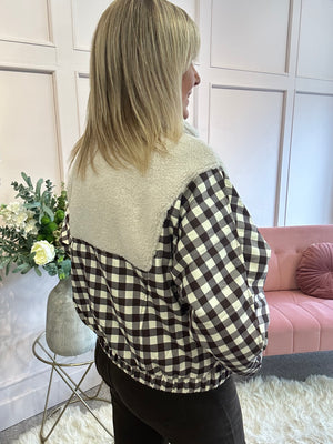 Cream Teddy With Gingham Bomber - Cream/Brown