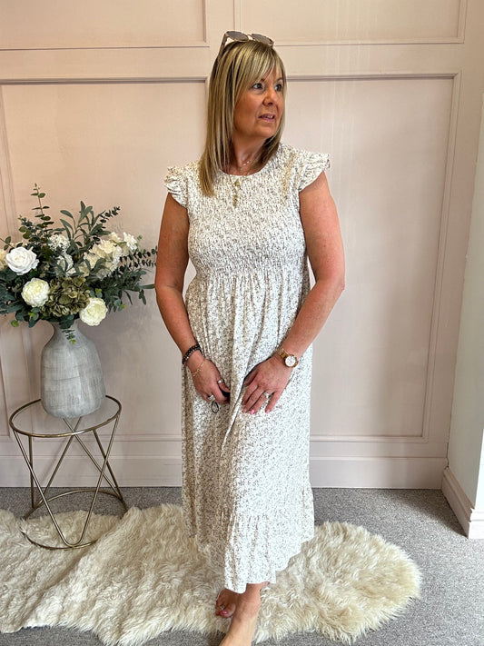 Ditsy Print Dress - Light Beige - Wardrobe By Simone