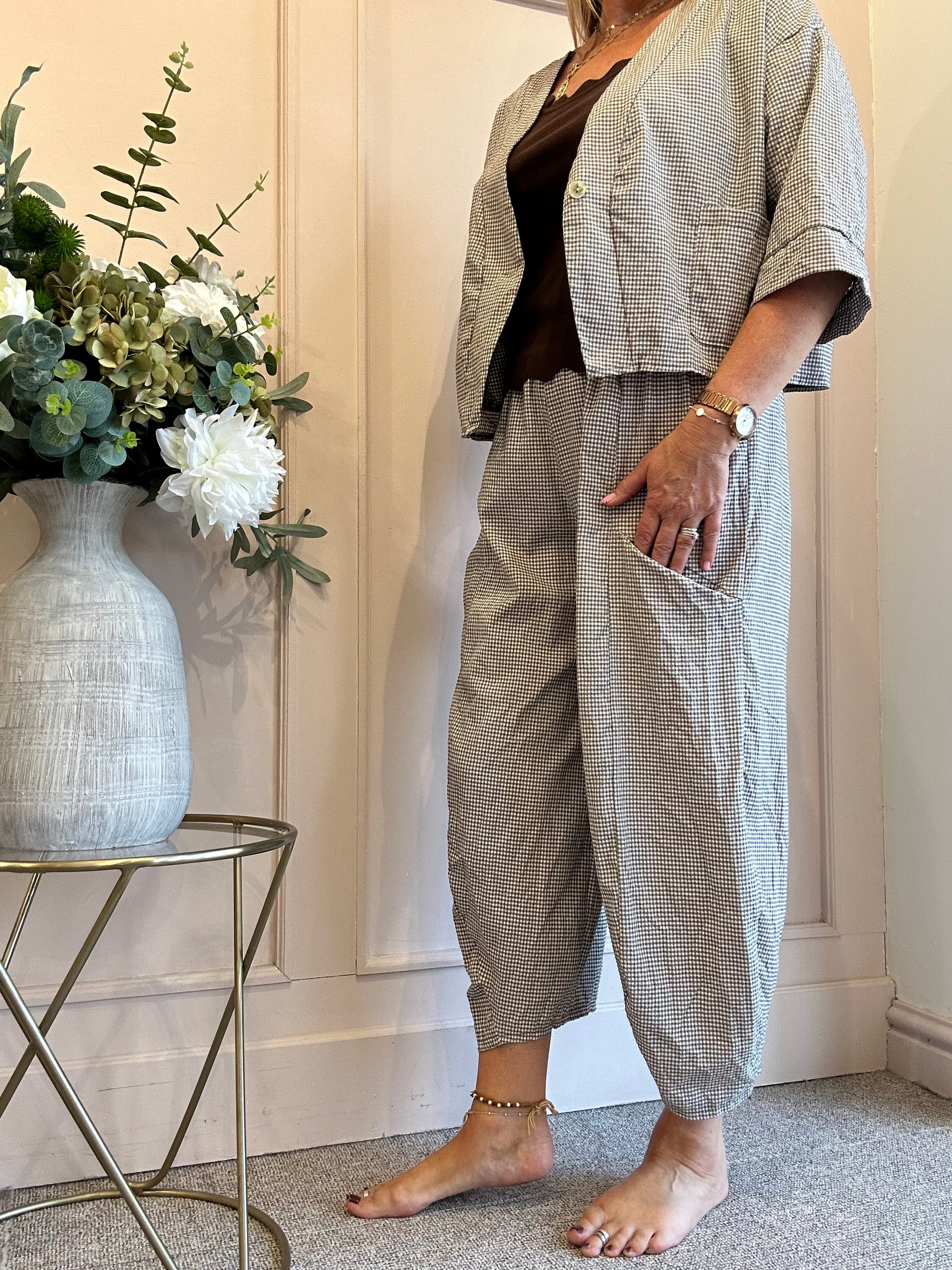 Gingham Little Jacket & Pants Set - Taupe/White