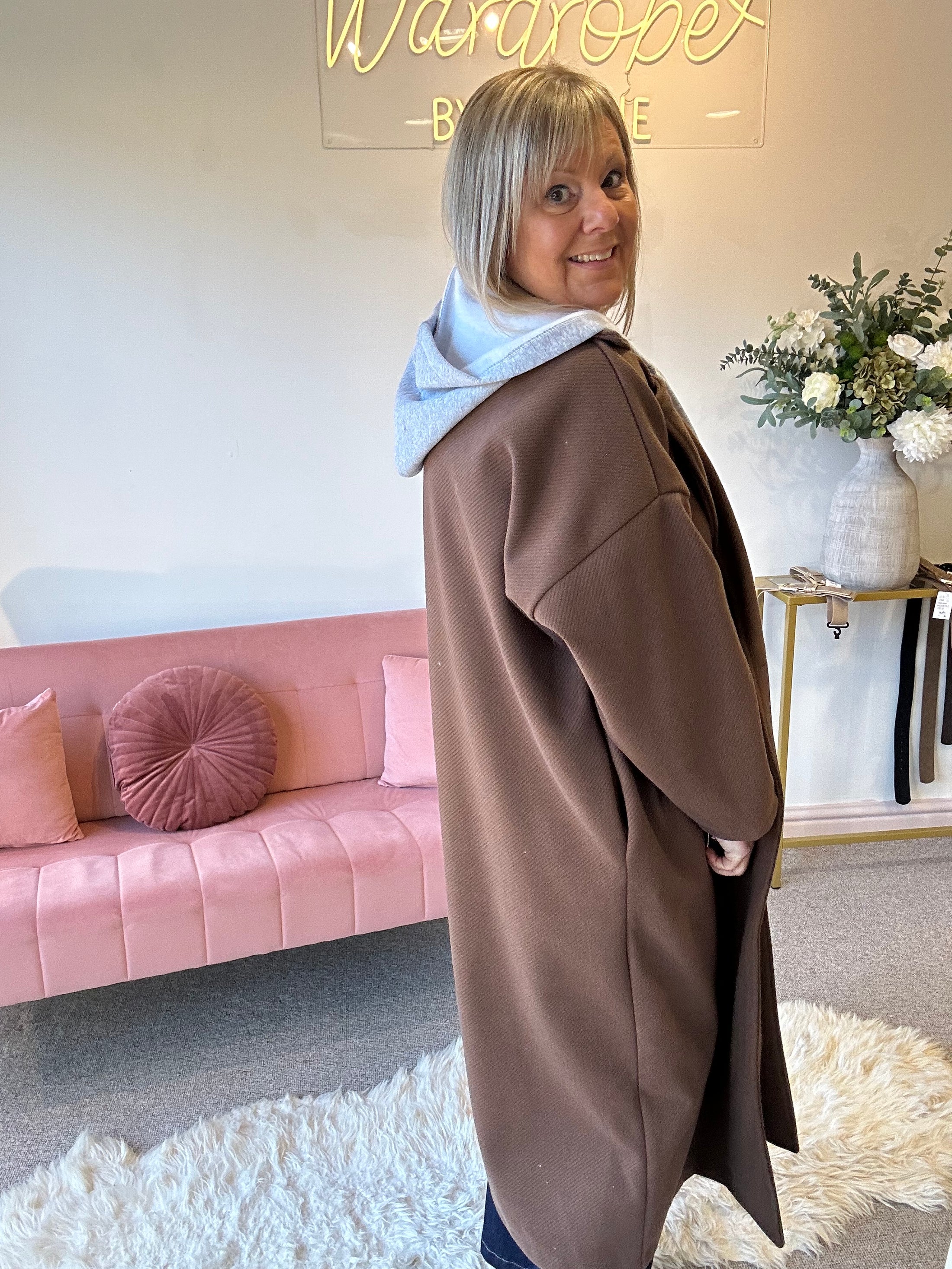 Hoody Two Pocket Long Coat - Brown