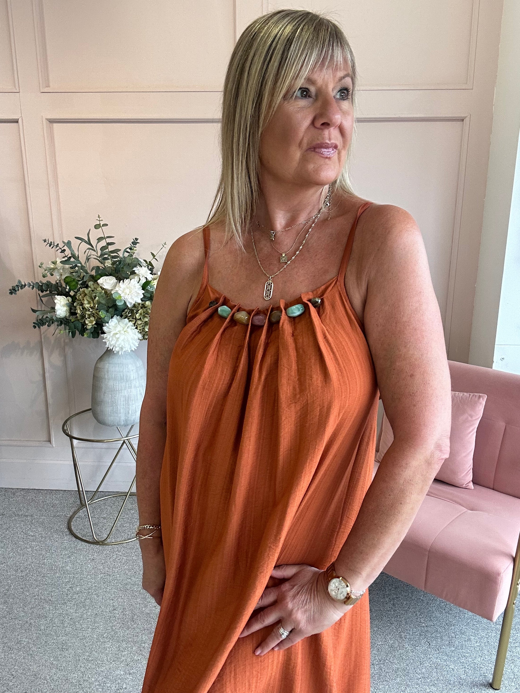 Beaded Strapy Sundress Dress - Rust