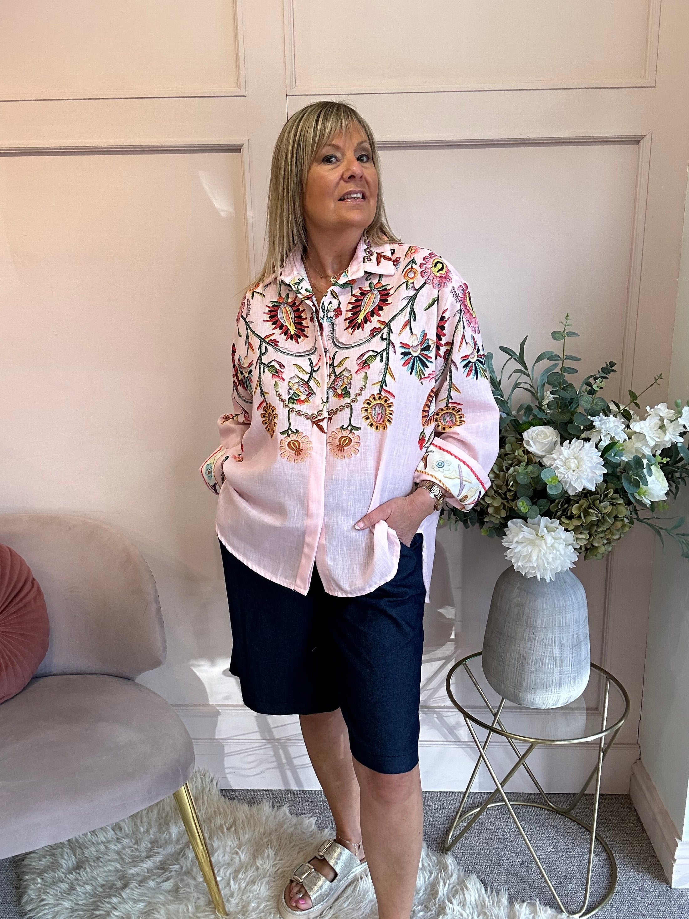 Cascading Floral Print Shirt  - Pink/MIx - Wardrobe By Simone