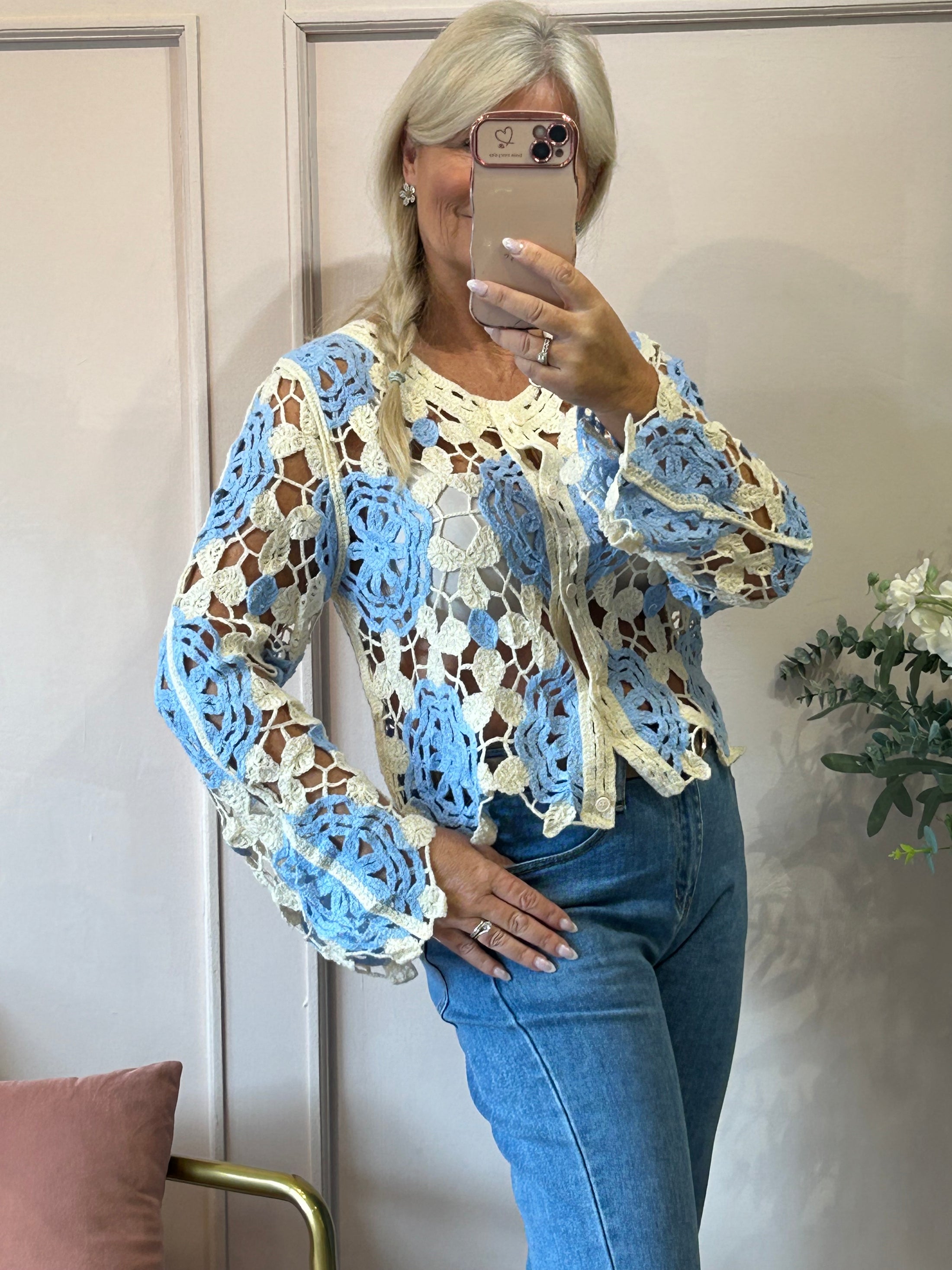 Cute Crochet Cardi - Cream/Powder Blue - Wardrobe By Simone