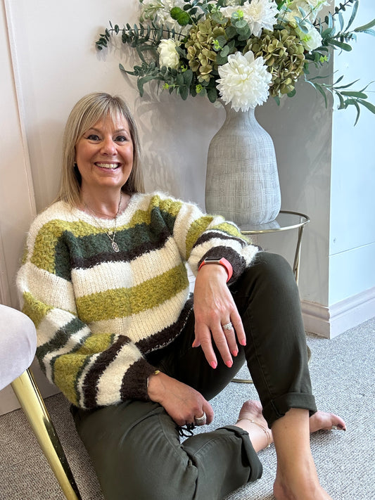 Cosy Striped Mix Jumper - Khaki/Brown/Cream - Wardrobe By Simone