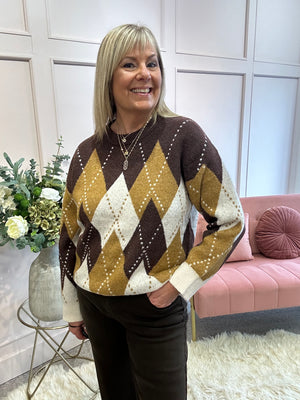 Harlequin Pattern Jumper - Brown/Camel