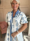Load image into Gallery viewer, Puff Sleeve Shirt Dress - Cream/Slate Blue - Wardrobe By Simone
