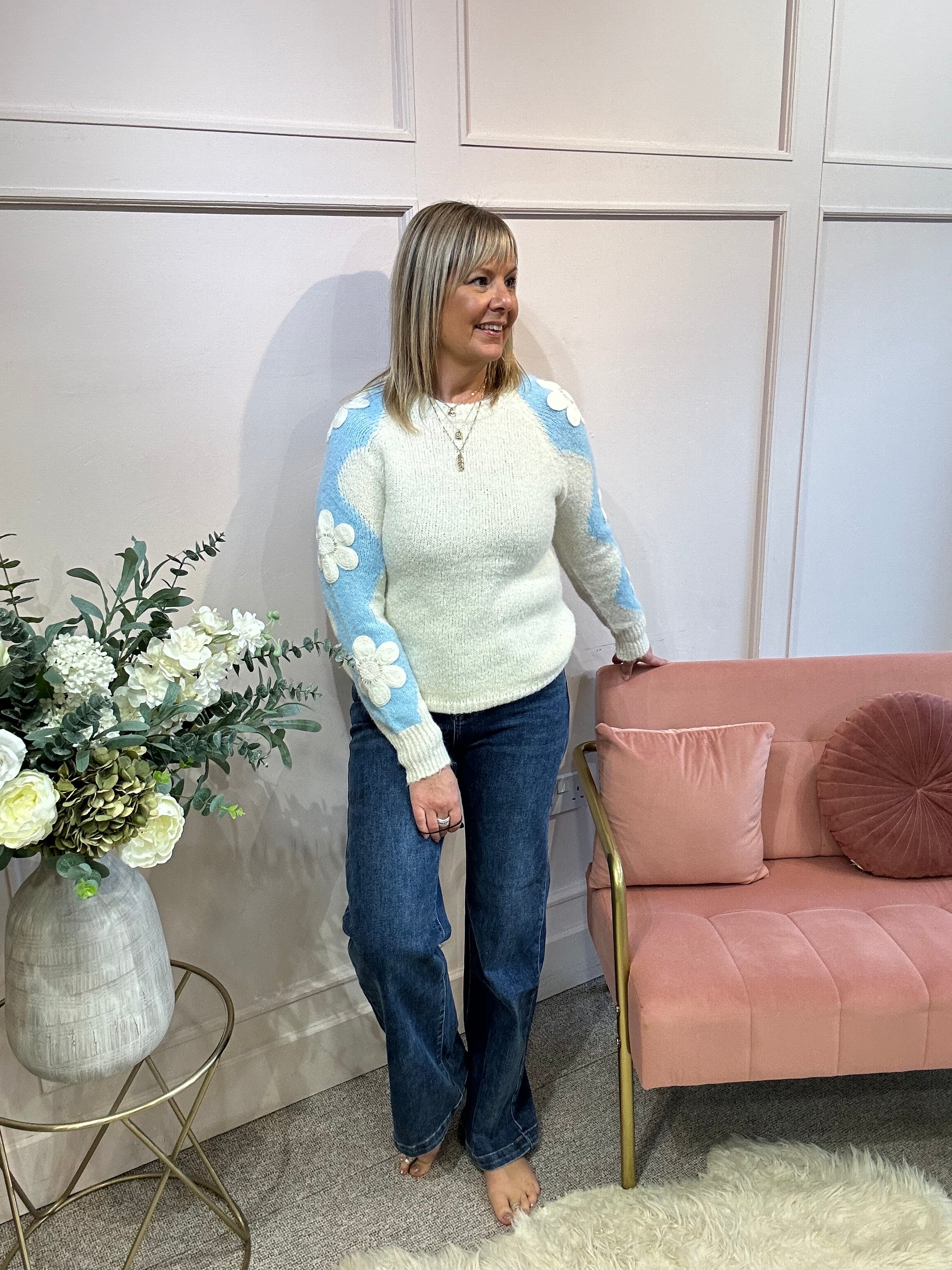 Beaded Flower Detail Jumper - Cream/Blue