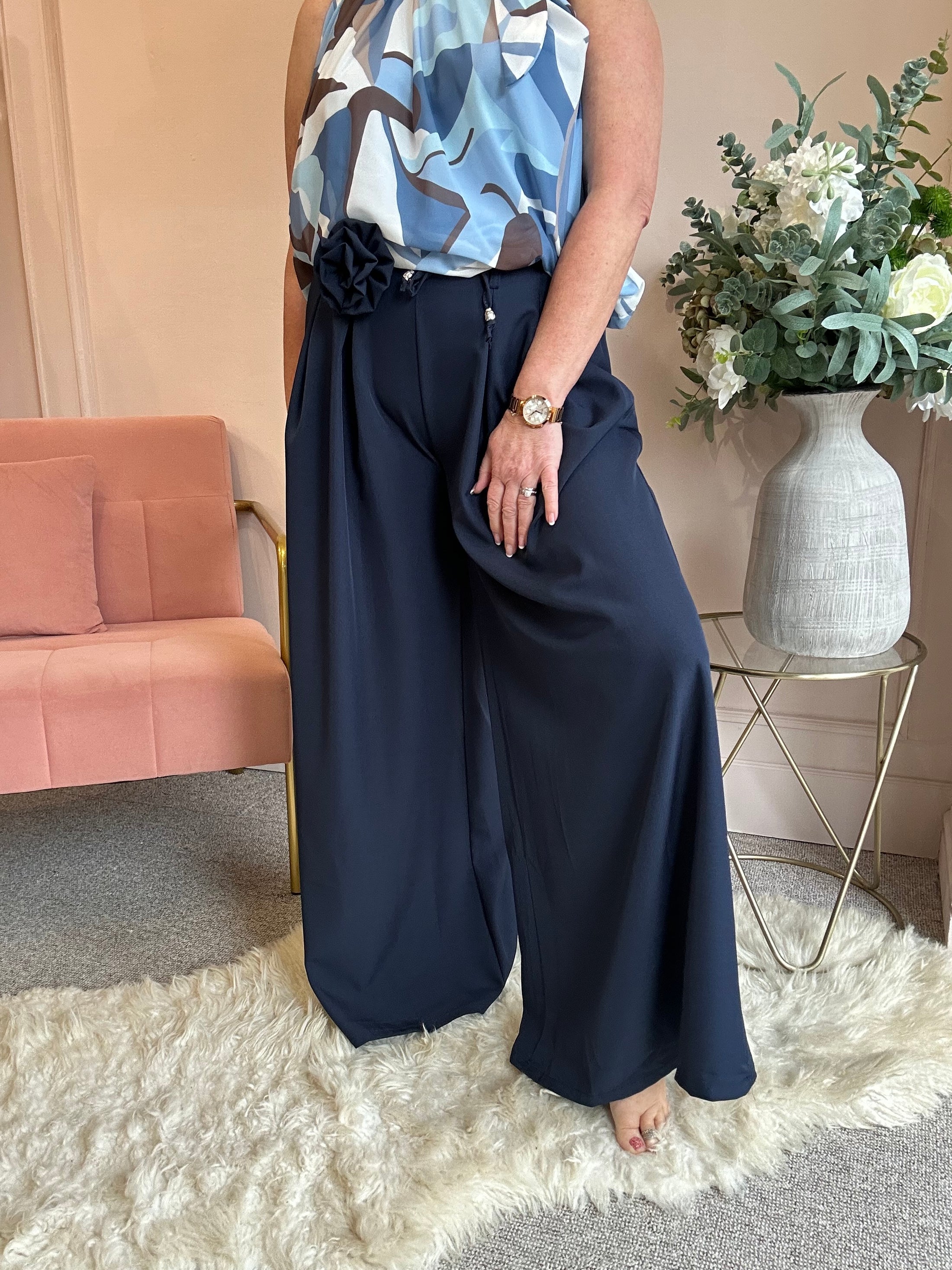 Flower Tie Wide Leg Pant - Navy - Wardrobe By Simone