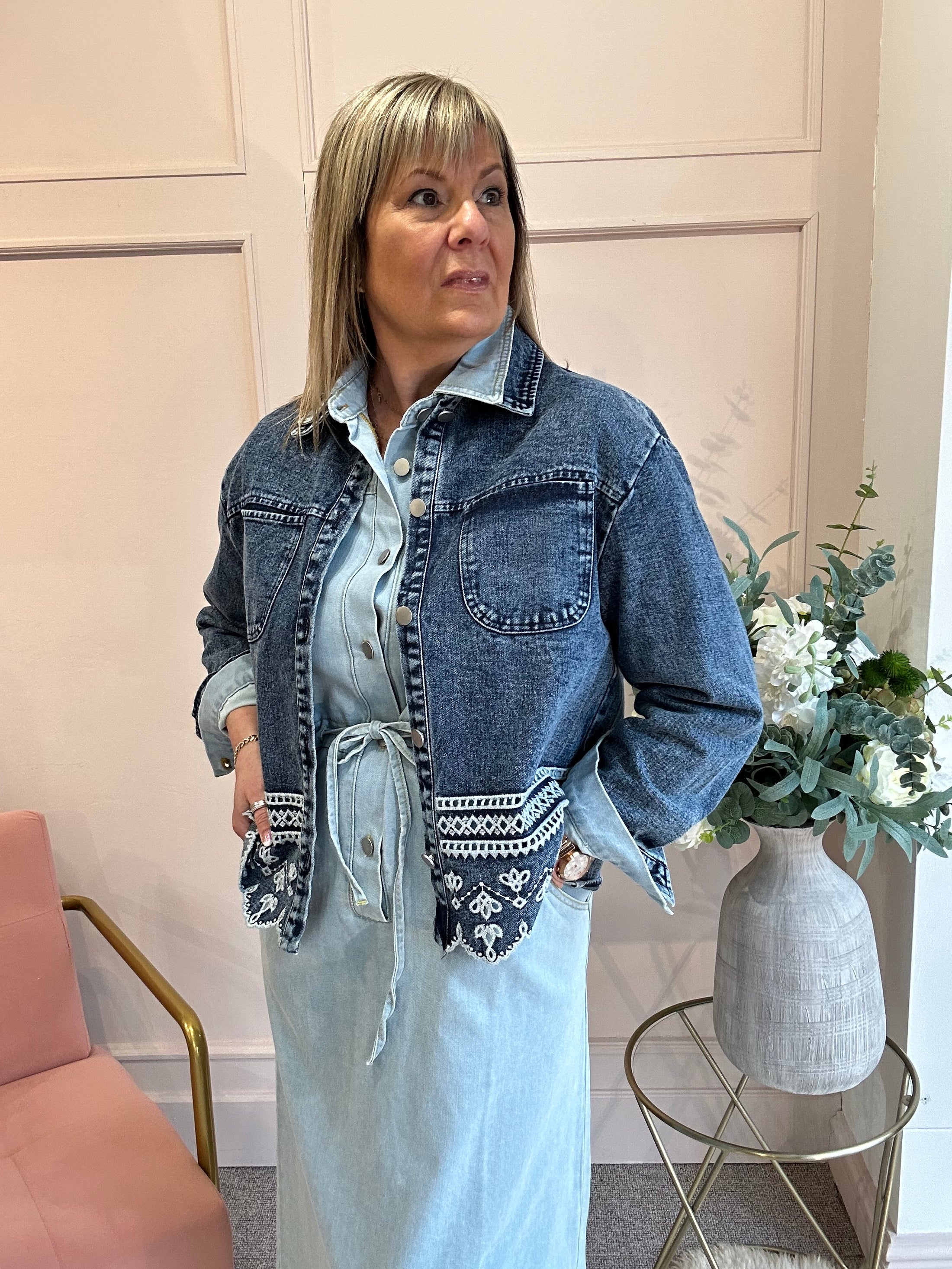 Embroidered Denim Jacket - Denim Blue - Wardrobe By Simone