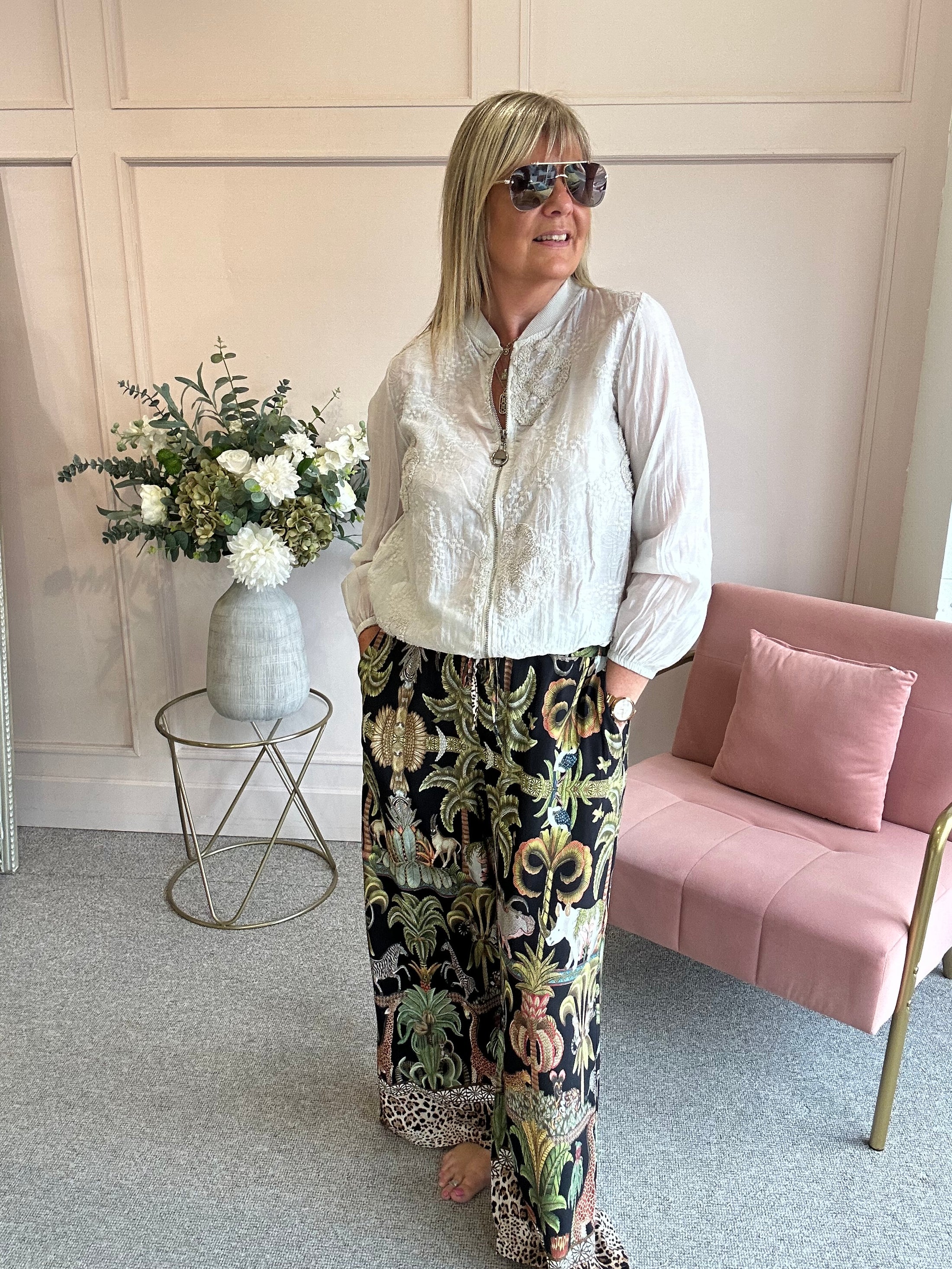 Embossed Floral Zip Jacket - Light Beige