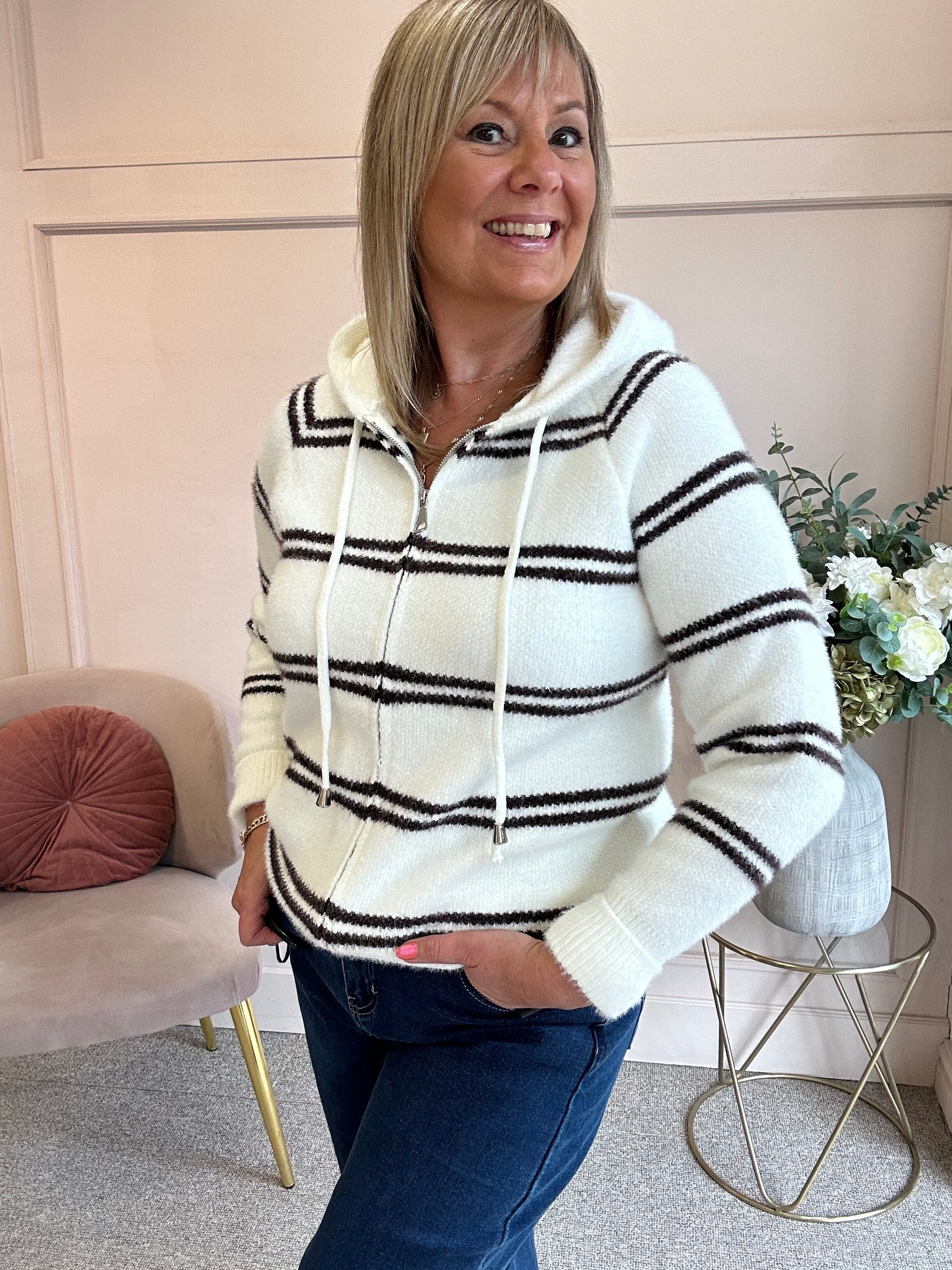 Hoody Striped Zip Cardigan- Cream/Brown