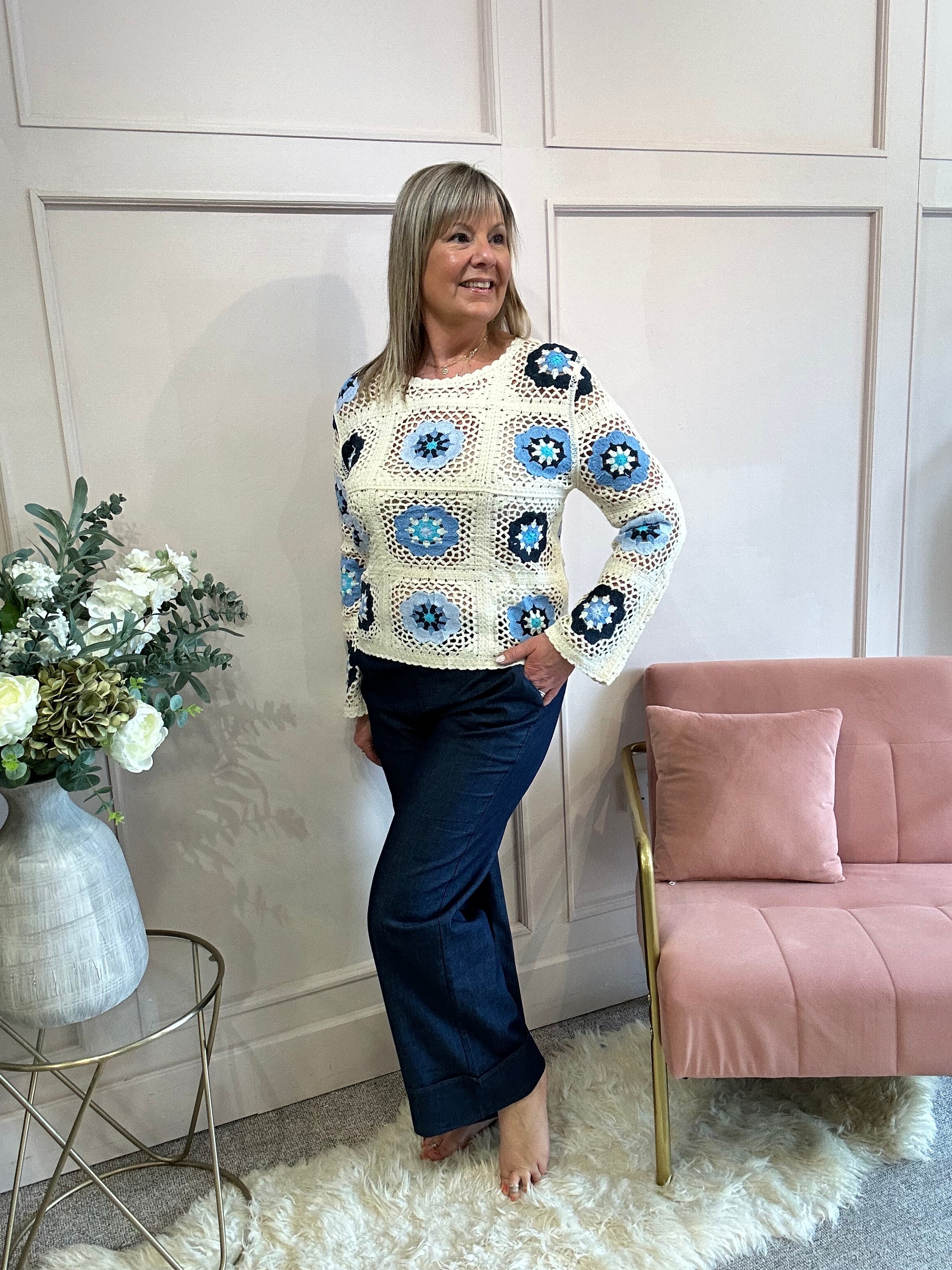 Crochet  Scallop Edge Jumper - Cream/Navy - Wardrobe By Simone