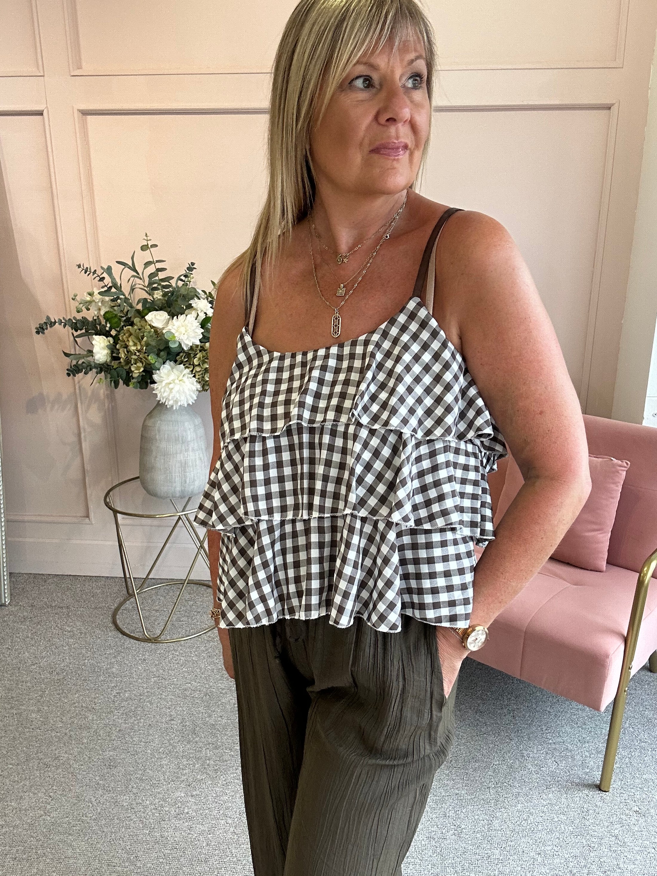 Ra-Ra Gingham Cami Top - Brown/White