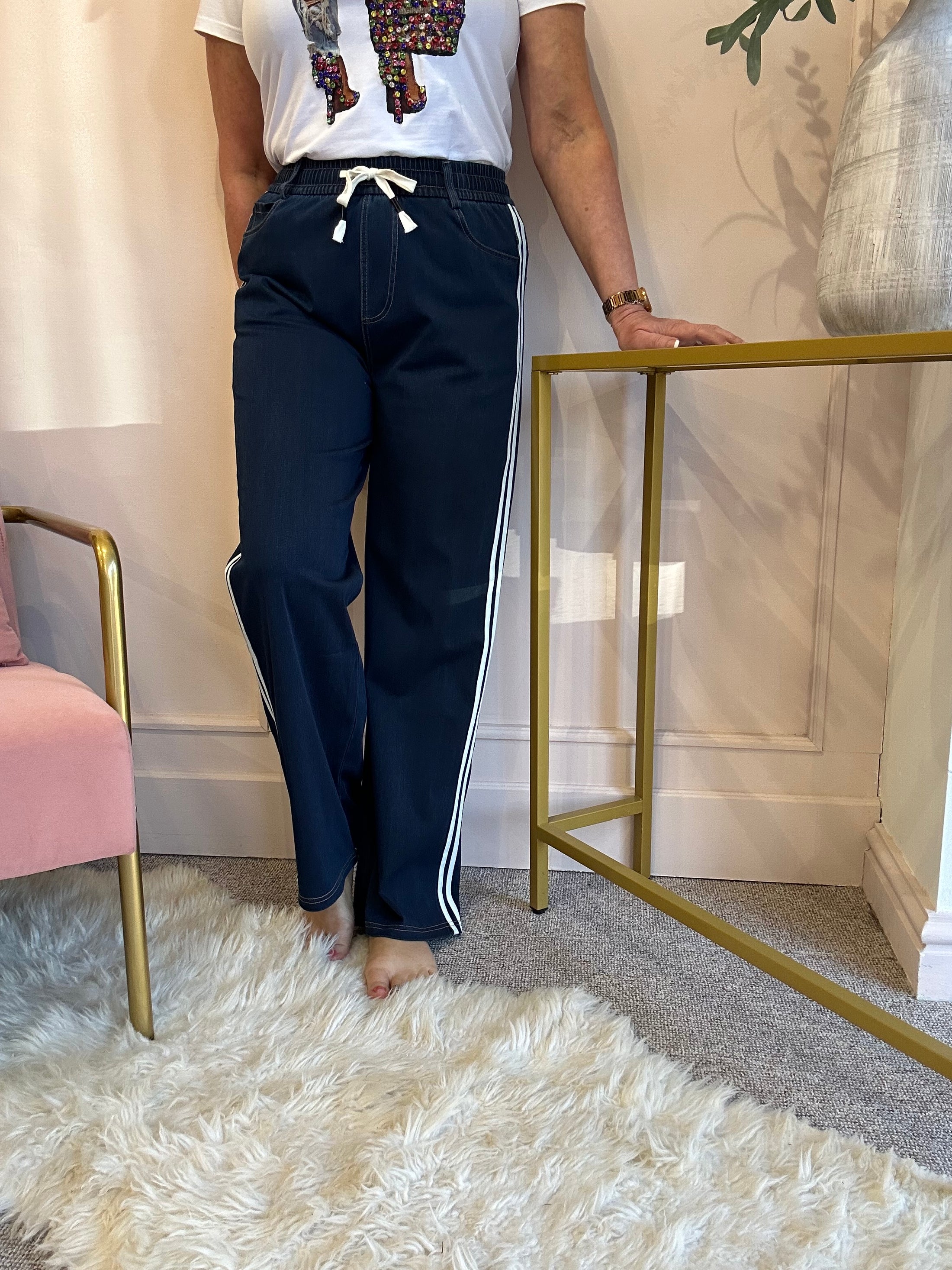 Wide Jogger Striped Edge Pant - Blue/White - Wardrobe By Simone