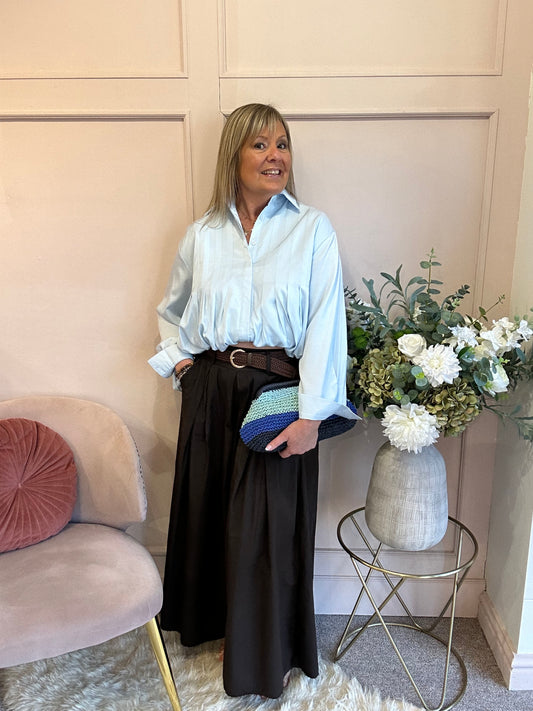Sheer Shimmer Pleated Shirt - Aqua Blue - Wardrobe By Simone