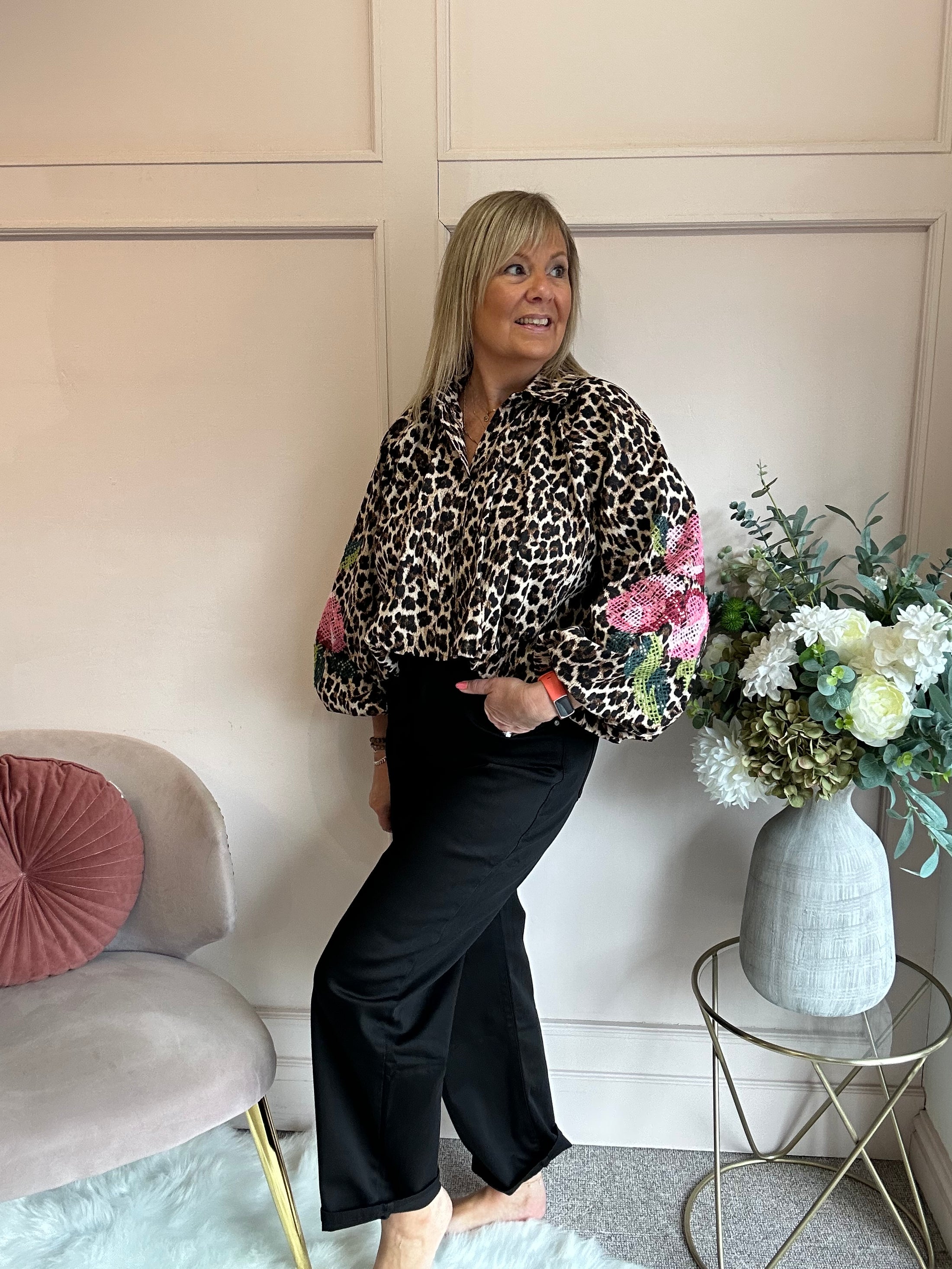 Floral Embroidered Leopard Shirt - Black/Brown
