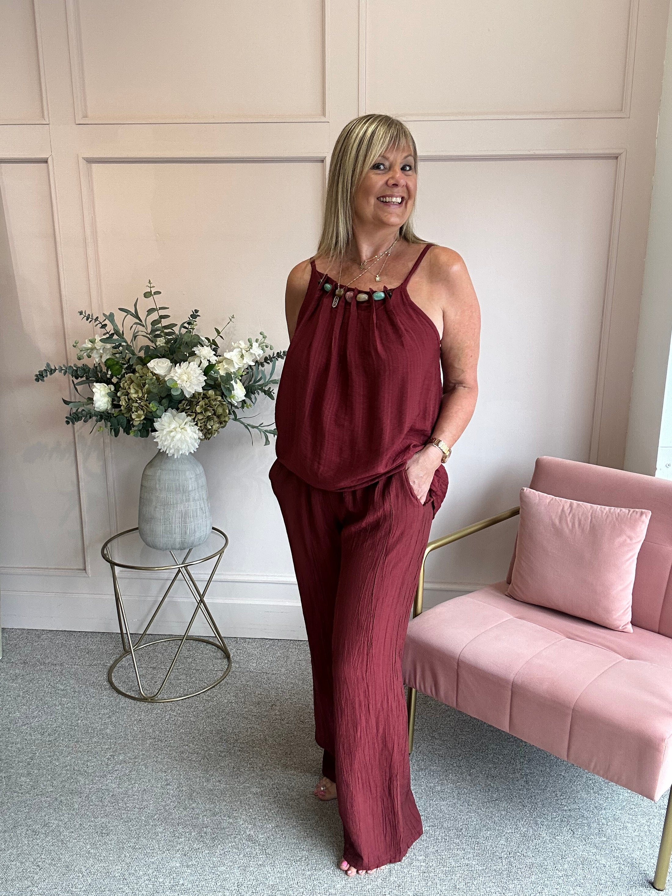 Beaded Cami Top - Burgundy