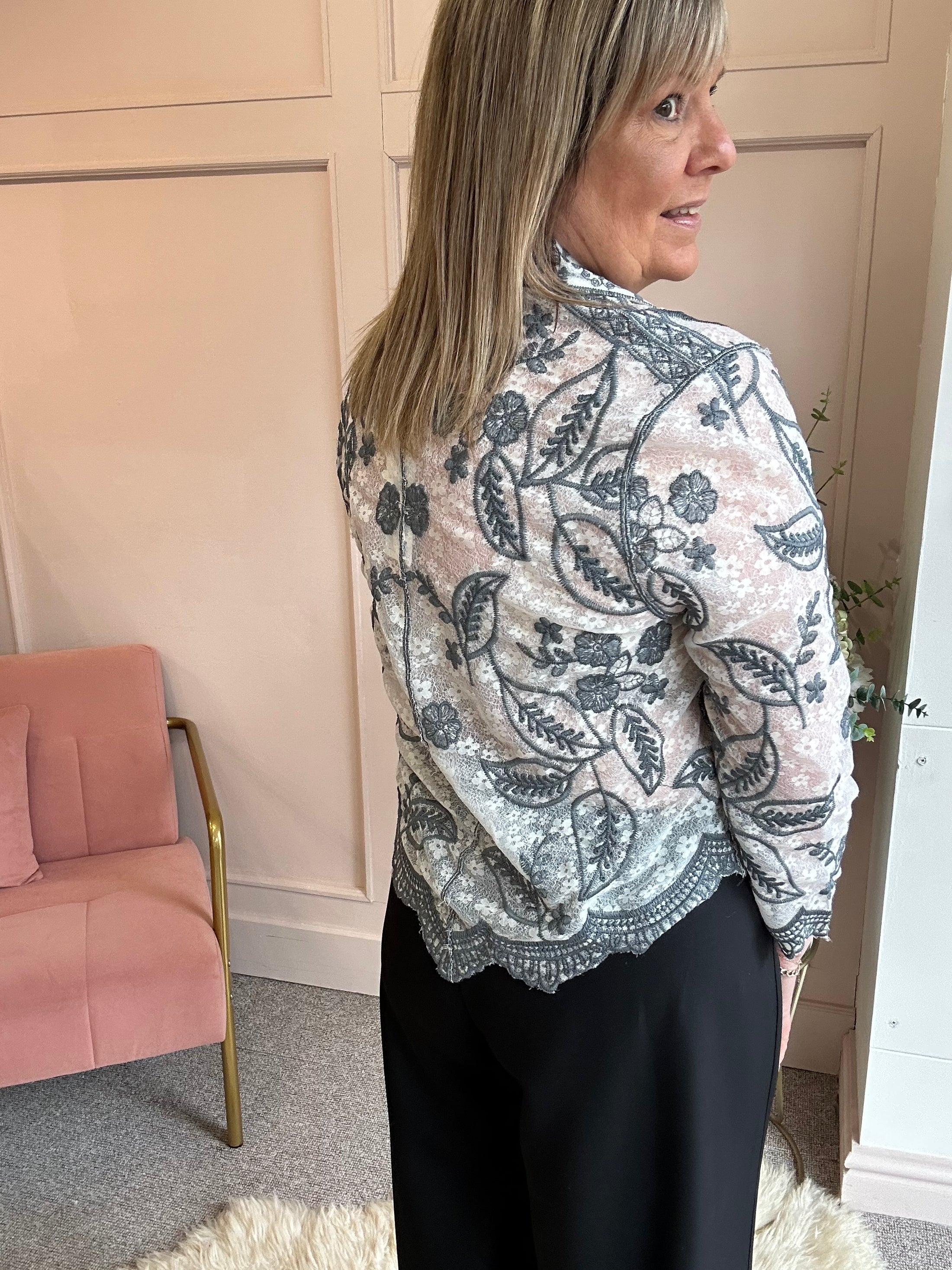 Pretty Embroidered Lace Shirt - White/Grey - Wardrobe By Simone