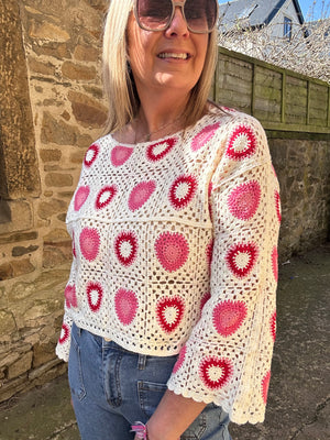 Crochet Spiral Detail Jumper - Cream/Pink