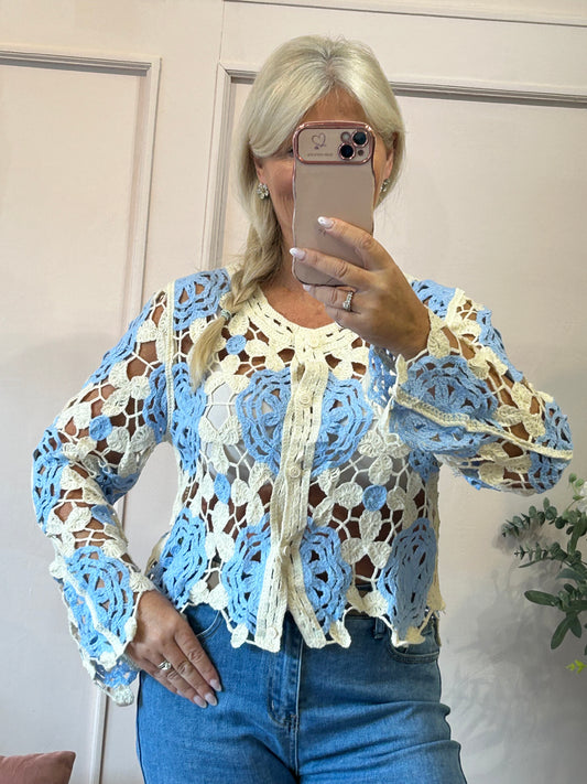 Cute Crochet Cardi - Cream/Powder Blue - Wardrobe By Simone