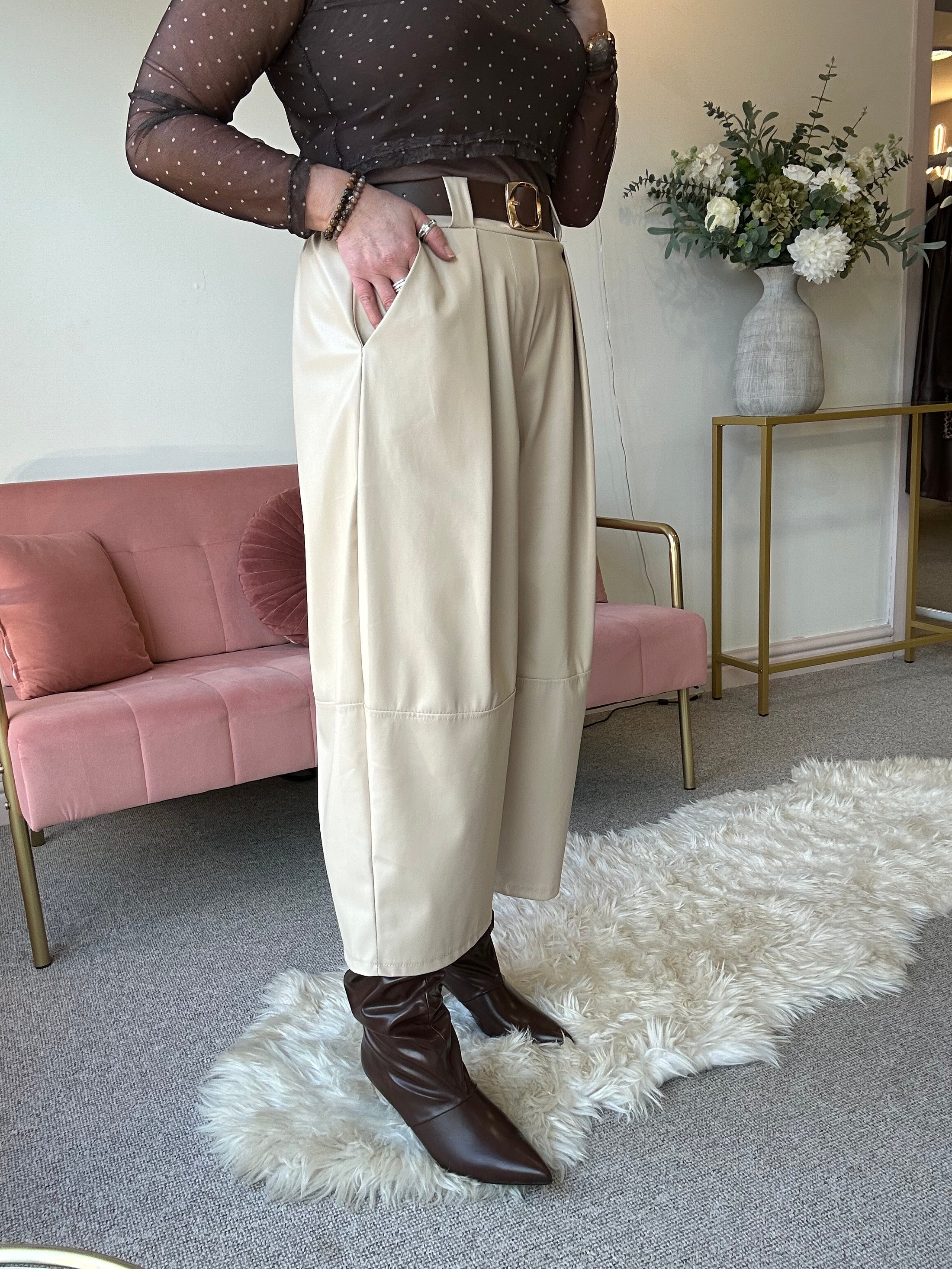 Faux Leather Wide Leg Trouser - Cream