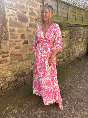 Flower Leaf Mix Maxi Dress - Pink/White