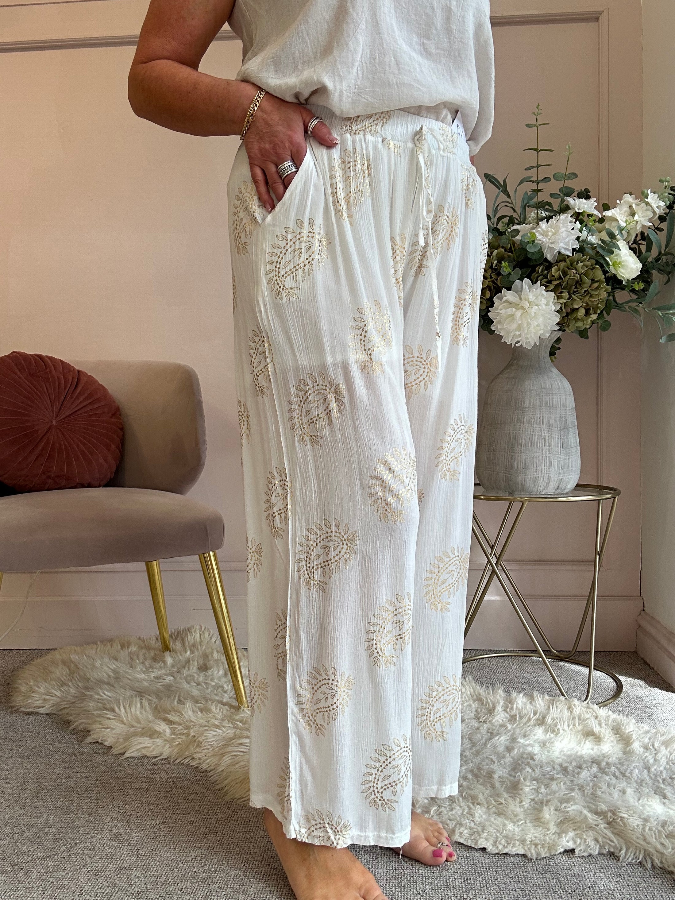 Paisley Gold Embroidery Pant - White/Gold - Wardrobe By Simone