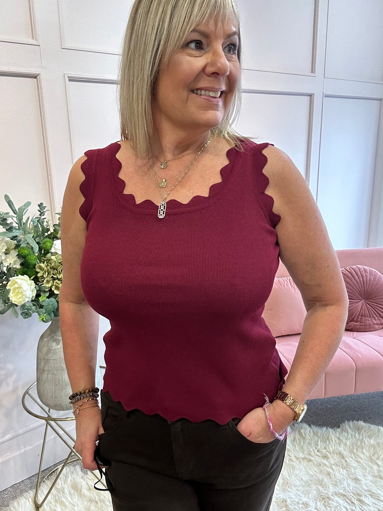 Scalloped Edged Vest Top - Burgundy