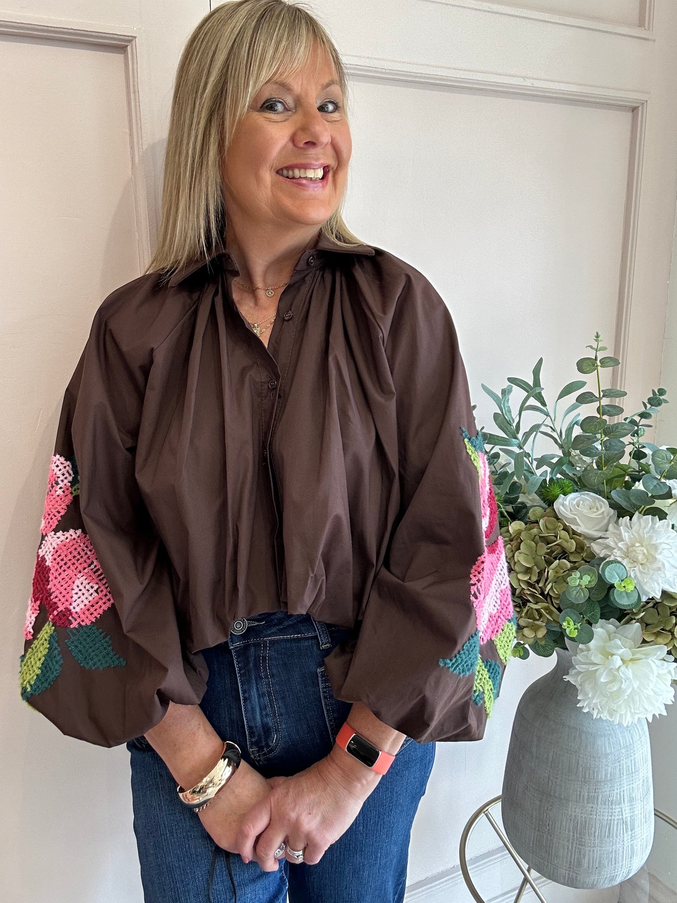 Floral Embroidered Sleeve Shirt - Brown