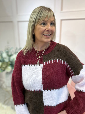 Bold Colour Block Pattern Jumper - Burgundy/pink/Brown