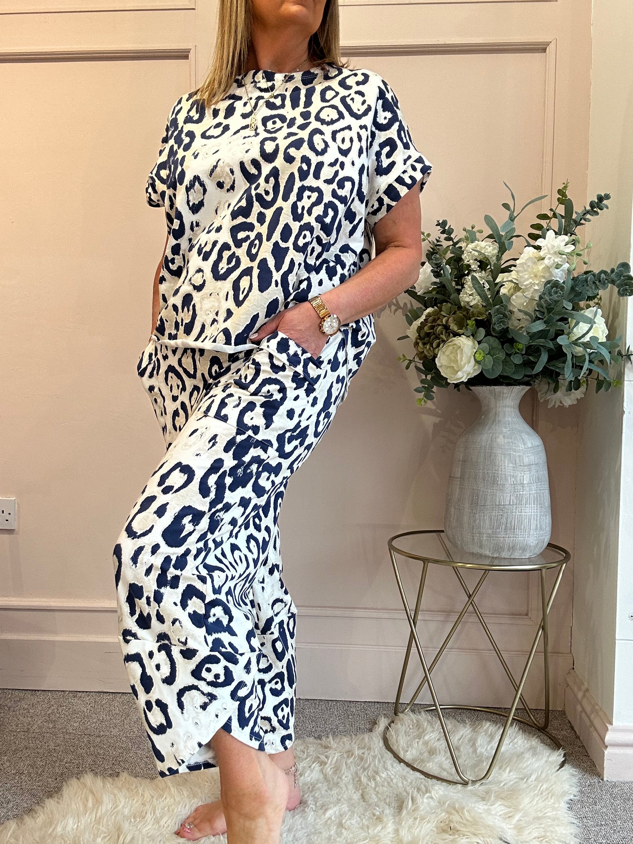 Leopard Short Sleeved Top - Navy/Cream - Wardrobe By Simone