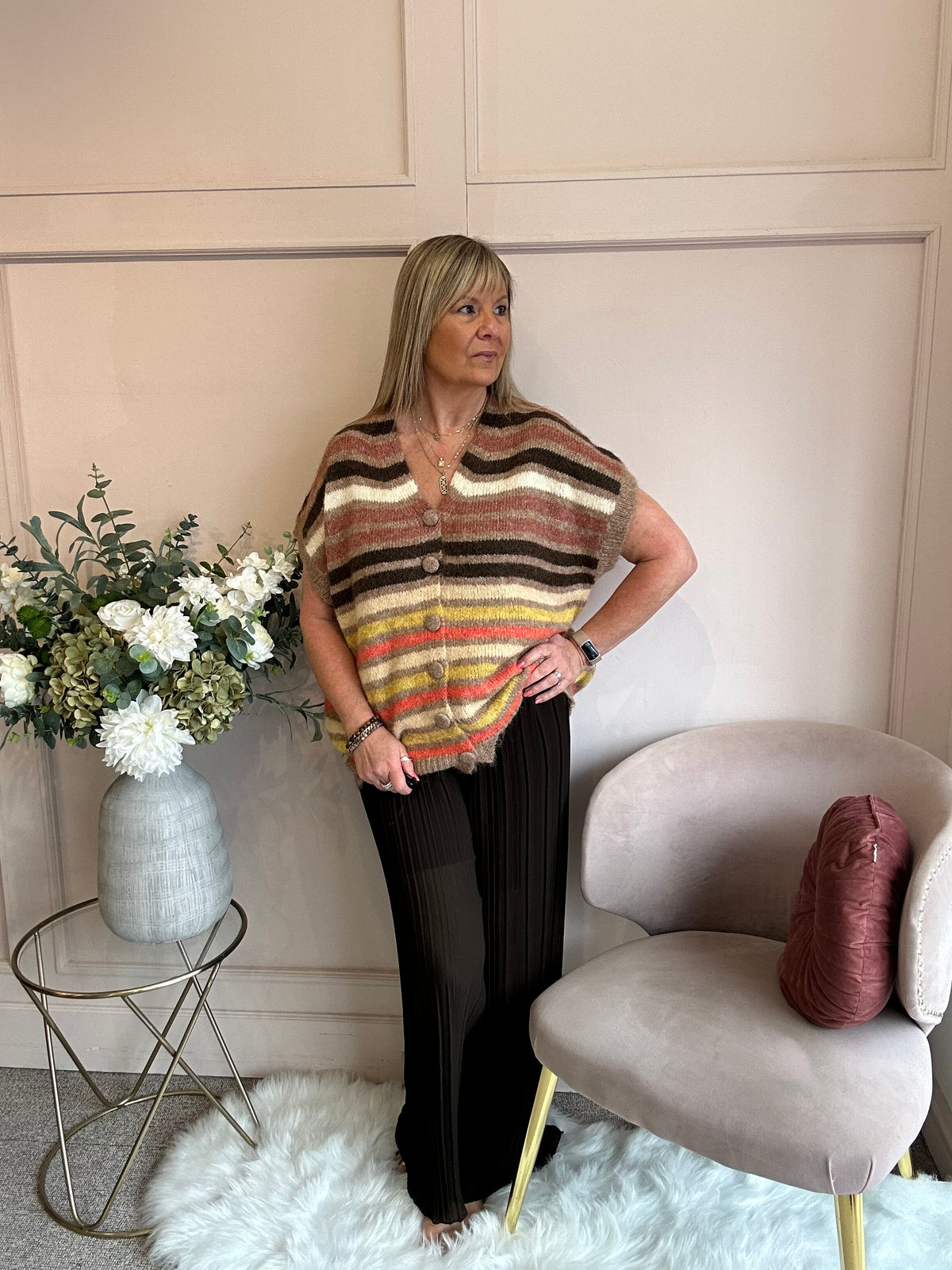 Cosy Striped Waistcoat - Browns