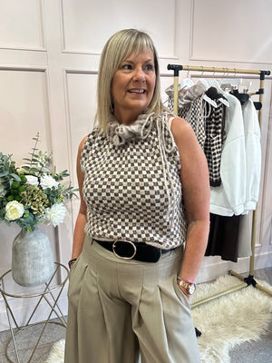 Ruffle Nec Top - Fawn Check