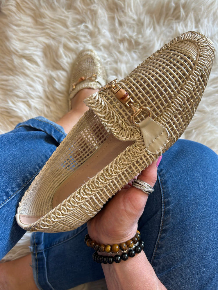 Buckle Detail Weave Loafer - Beige