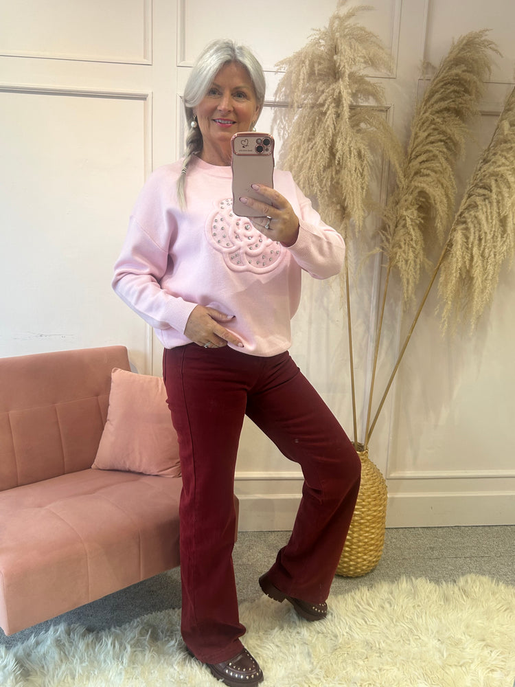 Flower & Silver Gems Jumper - Soft Pink