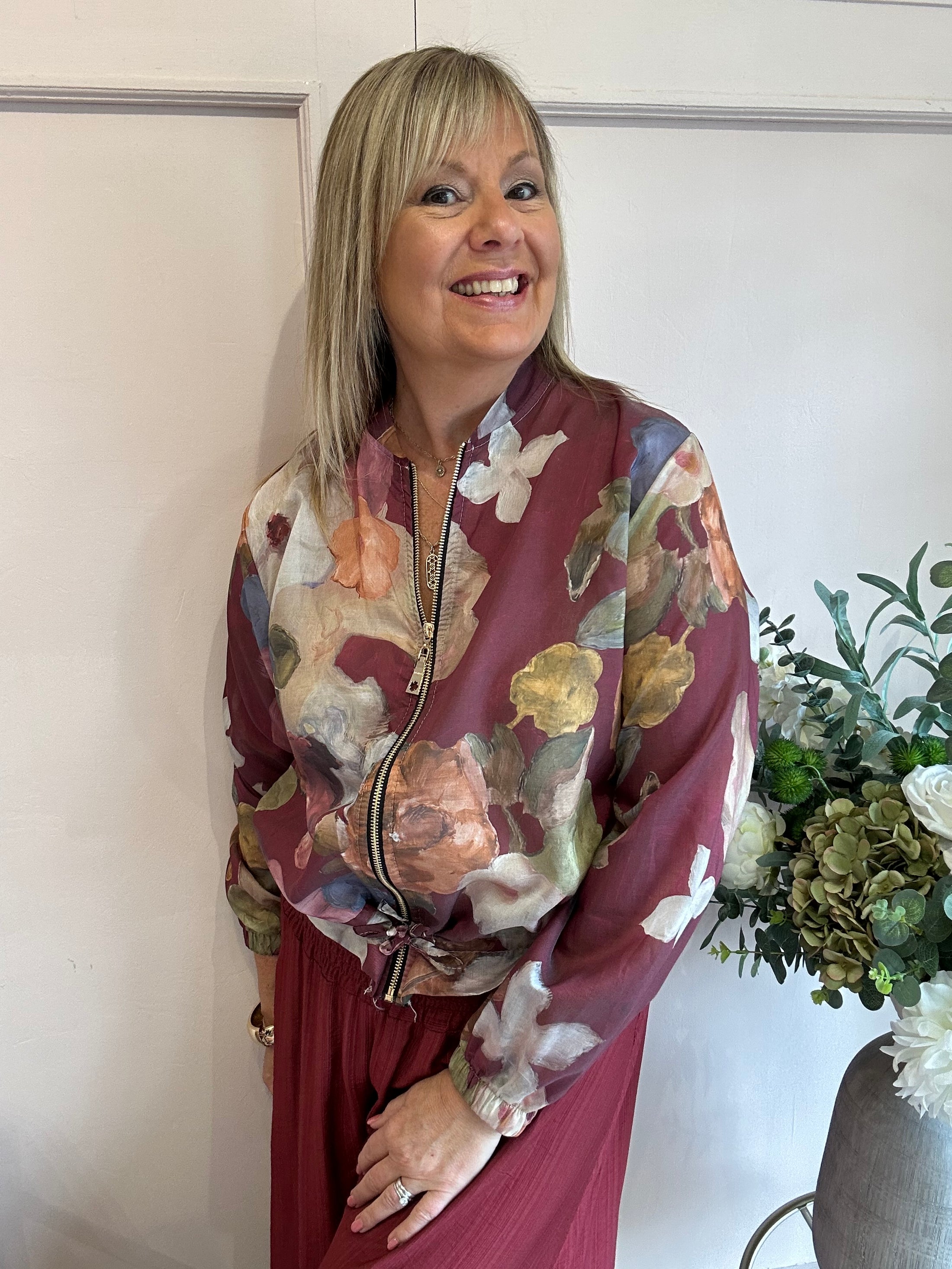 Floral Bloom Zip Jacket - Burgundy/Beige