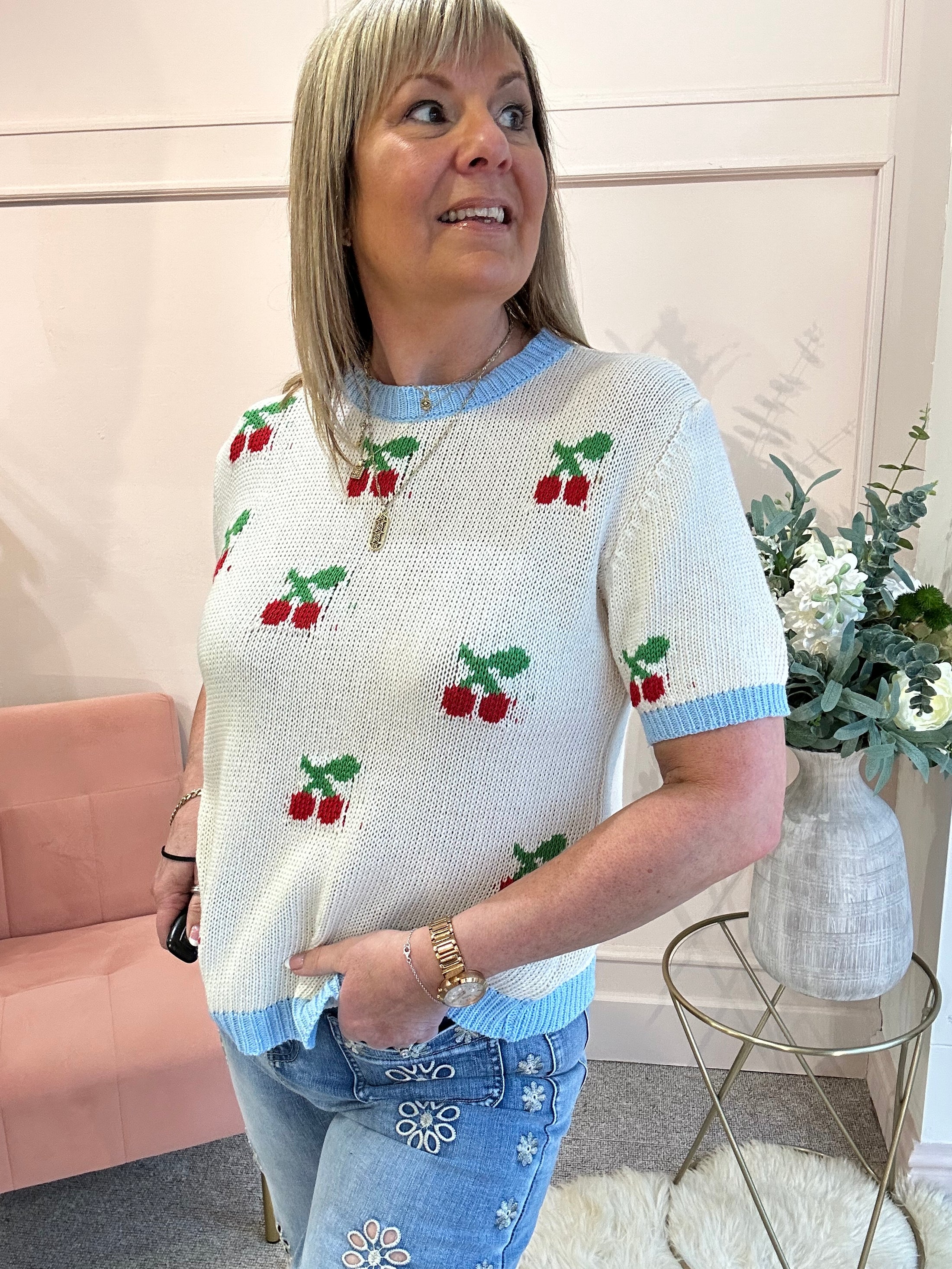 Cute Cherry Knit Jumper - Cream/Blue - Wardrobe By Simone