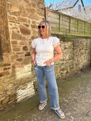 Embroidered Cap Sleeve T Shirt - White