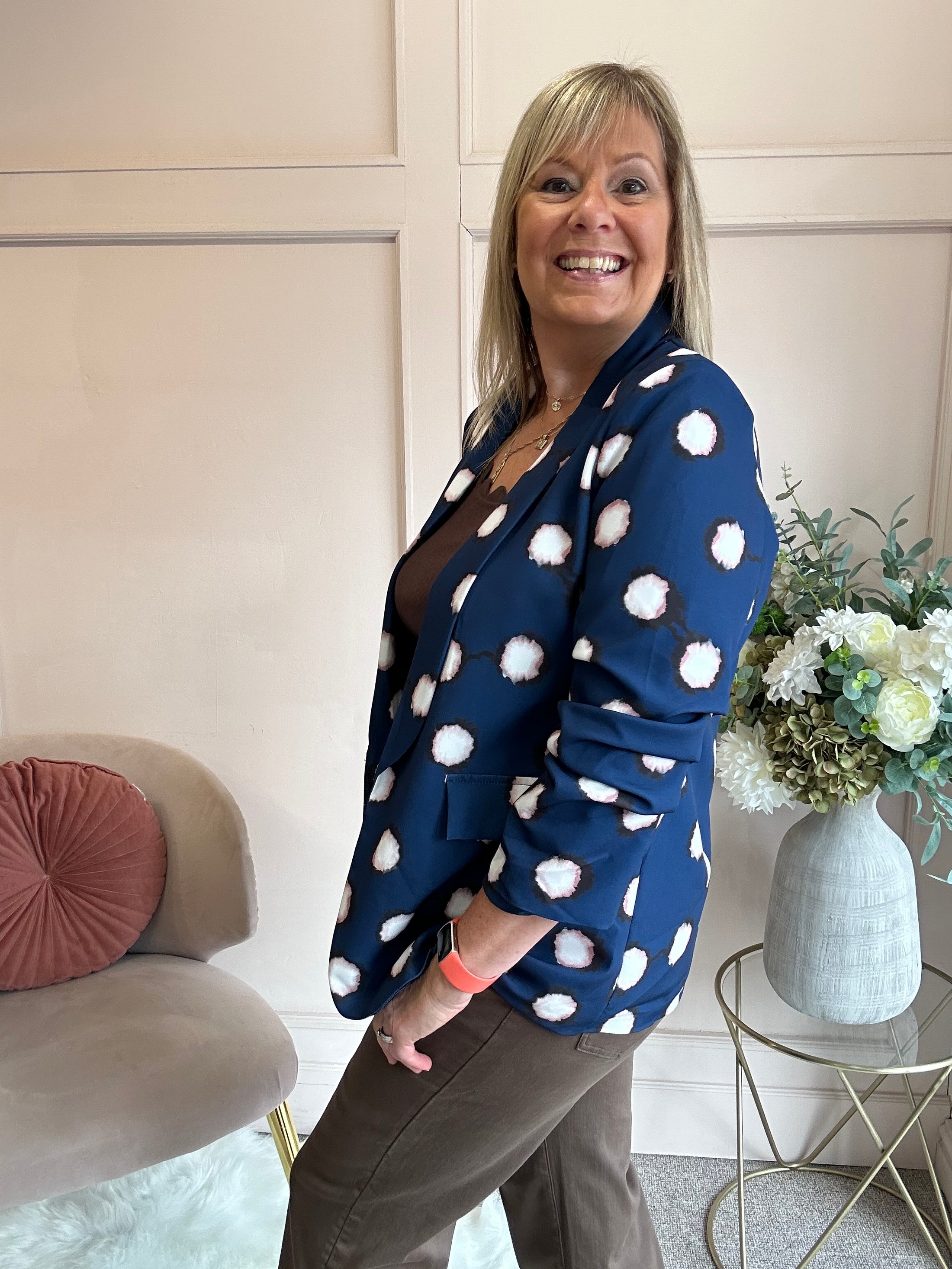 Spot & Ruched Sleeve Blazer - Blue/Cream